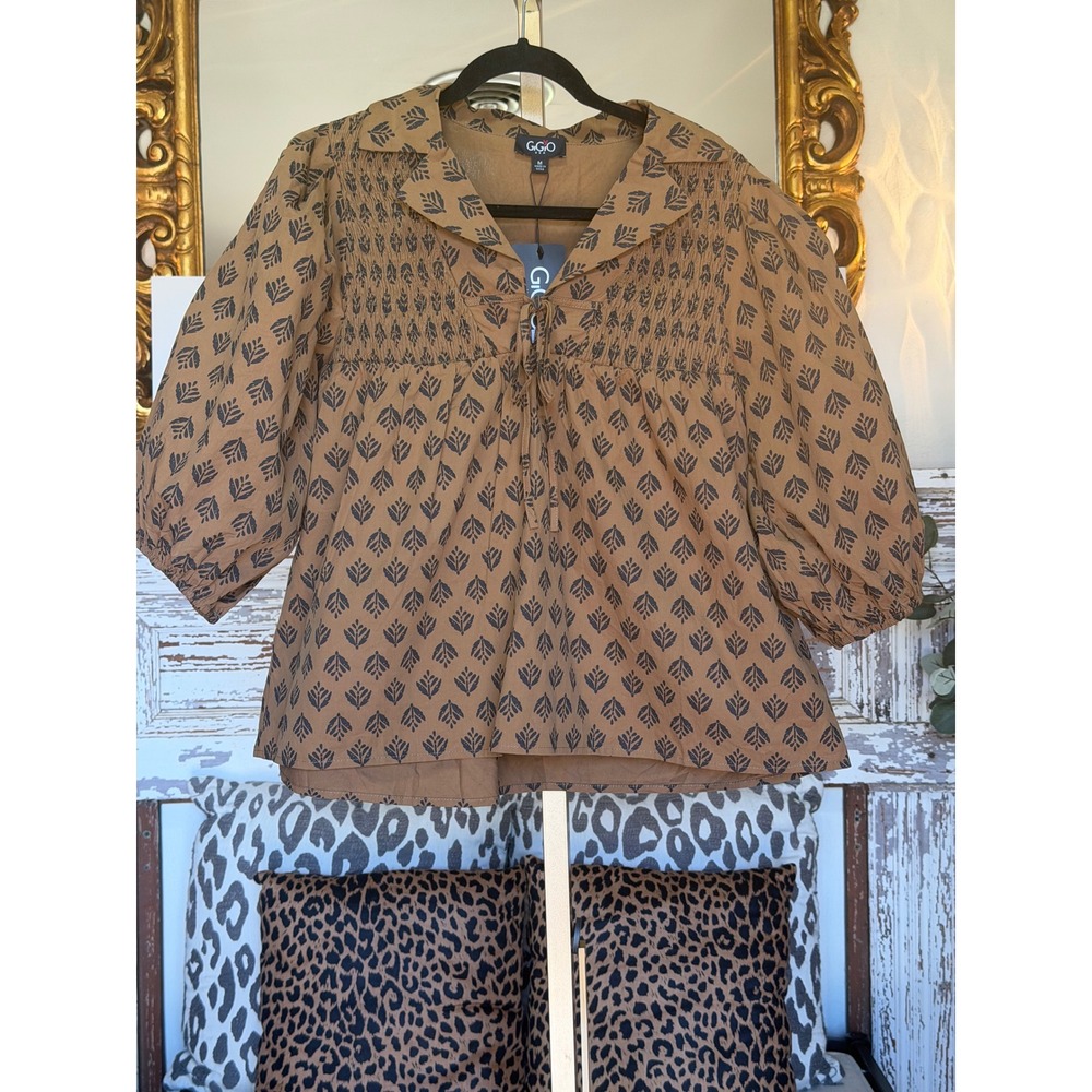 GiGiO USA Brown Leaf Print Smocked Puff Sleeve Cotton Blouse TG1925 Medium NEW
